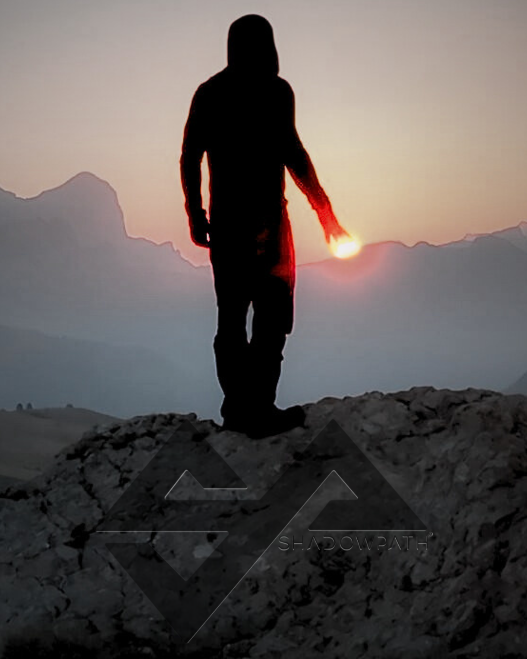 Silhouette of the Apex Survivor stood on a mountain top. He is holding the rising sun like a ball in his hand.